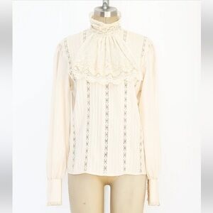 Vtg Paul Alexander 100% Silk Lace High Neck Ruffle Bib Ivory Blouse Sz 12 New